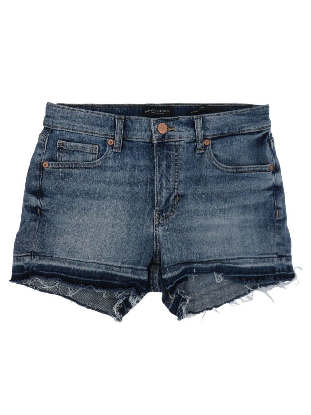 Banana Republic Women 27 Mid Rise 3in Short Whiskered Raw Hem Blue Denim Jean